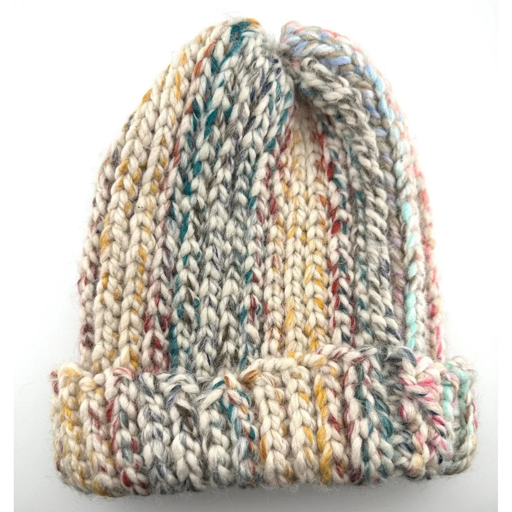 HANDMADE Wool Blend Beanie Hat Multi-Colored Chunky Marled Knit Warm & Cozy